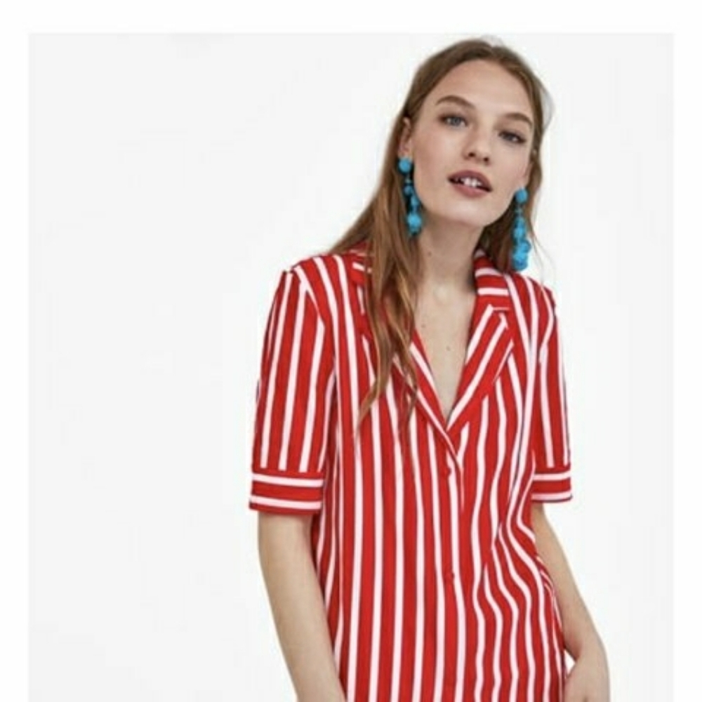 Zara Vertical Striped Collar Red White Top